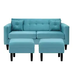 BODEVIR - Sofá 3 cuerpos 2 Pouf New Retro 170x76x79 cm Azul