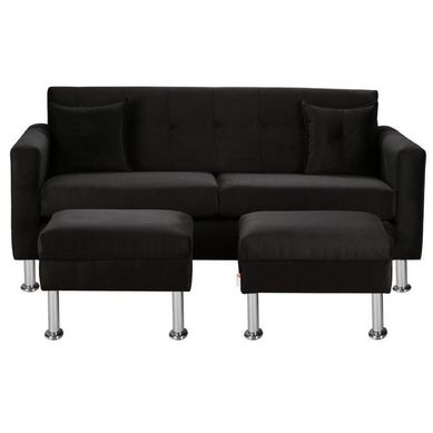 Sofa New Retro 3C  2 Poufs Felpa 12 Negro