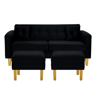 Sofa New Retro 3C  2 Poufs Felpa 01 Negro