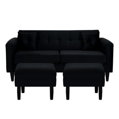 Sofa New Retro 3C  2 Poufs Felpa 00 Negro