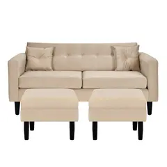 BODEVIR - Sofá 3 cuerpos 2 Pouf New Retro 170x76x79 cm Beige