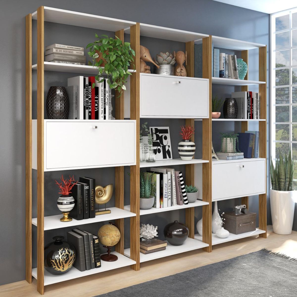 MOBILFRANK - Combo 3 estantes puerta blanco nogal