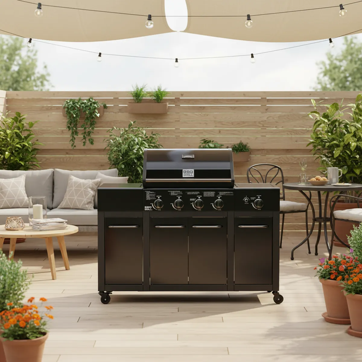 BBQ GRILL - Parrilla a gas buffalo black 4 quemadores + quemador lateral + funda