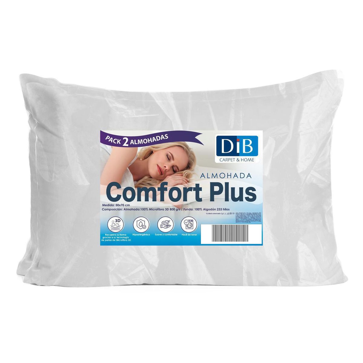 DIB - Pack de 2 Almohadas Comfort Plus de Fibra sintética para Dormir 70x50 cm