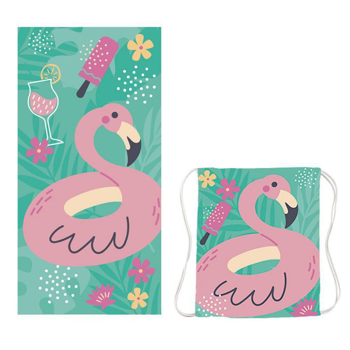 MASHINI - Toalla Playa con Bolso 250 gr Poliéster 70x140 cm Flamingo