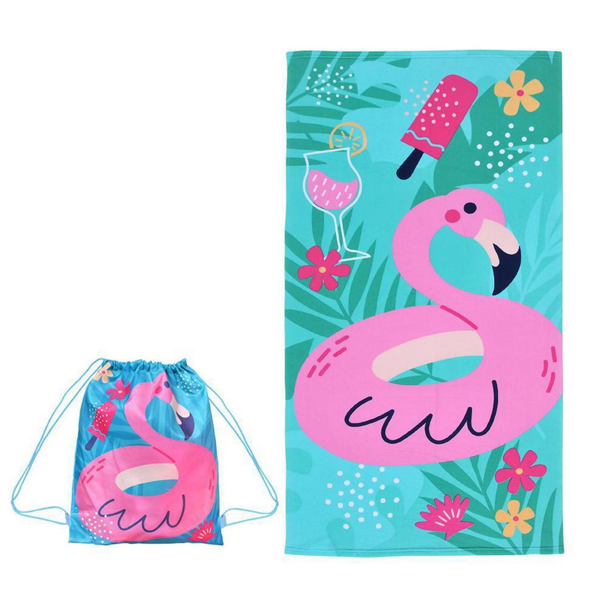 MASHINI - Toalla Playa con Bolso 250 gr Poliéster 70x140 cm Flamingo