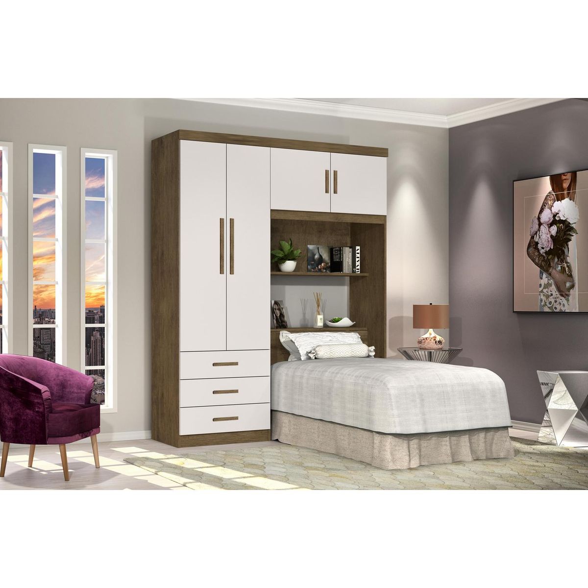 BE DESIGN - Clóset Respaldo 4 Puerta(s) 3 Cajón(es) 3 Repisa(s) 157.6x200x46.5 cm Cedro/Perla