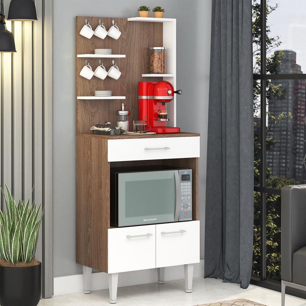 VEKKAHOME - Mueble Auxiliar Cafetero Vic 60x152x39 cm Blanco/Café