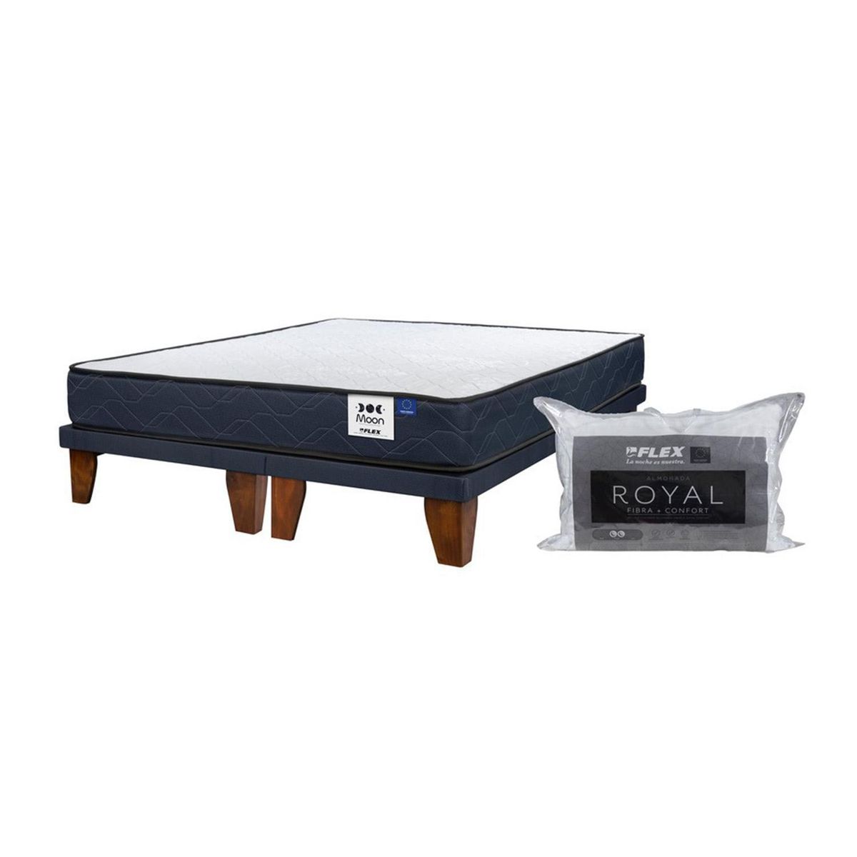 FLEX - Cama Europea Moon 2Plazas 150x190cm BD + Set Almohadas Royal