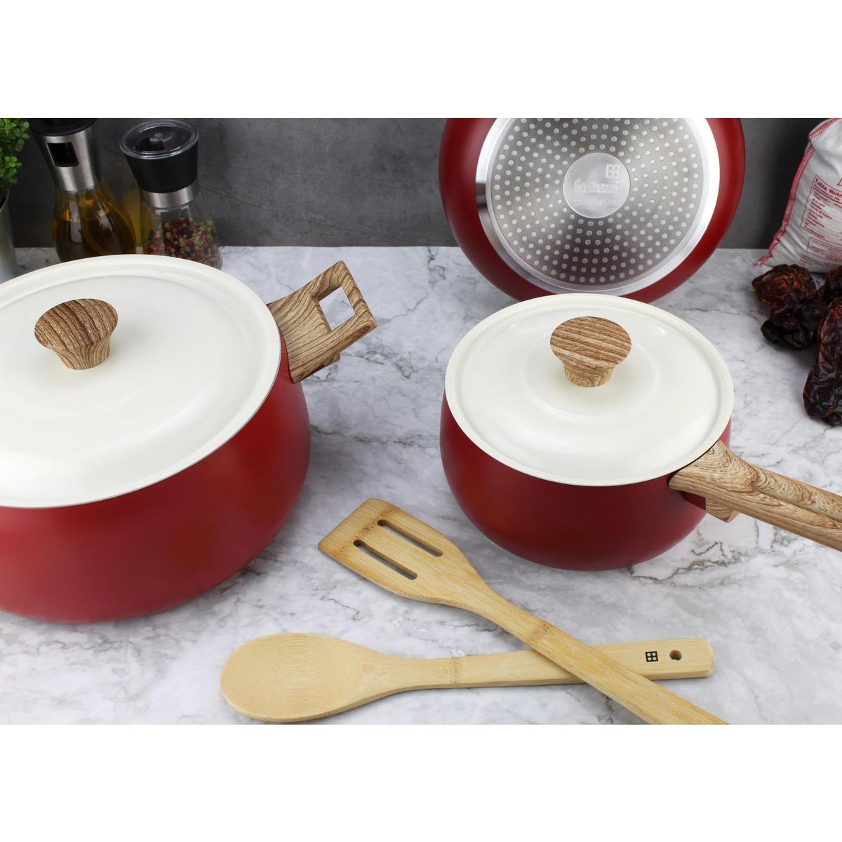 FANTUZZI - Batería de Cocina 7 Piezas Acero inoxidable Biella Rojo