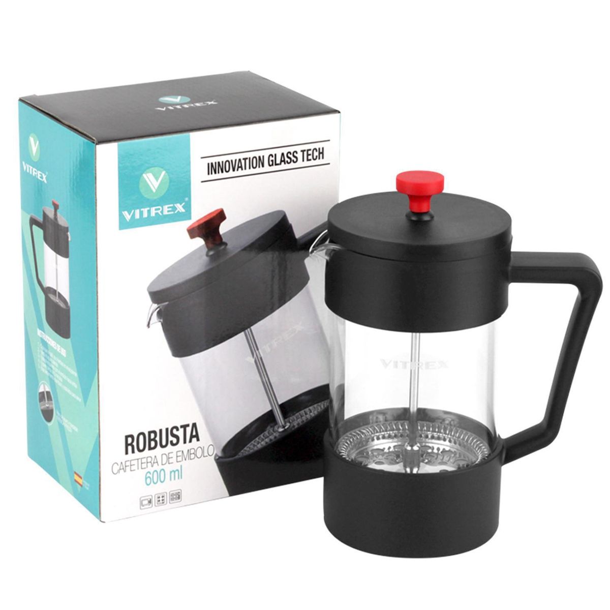 VITREX - Cafetera Francesa Vidrio 1000 ml Negro