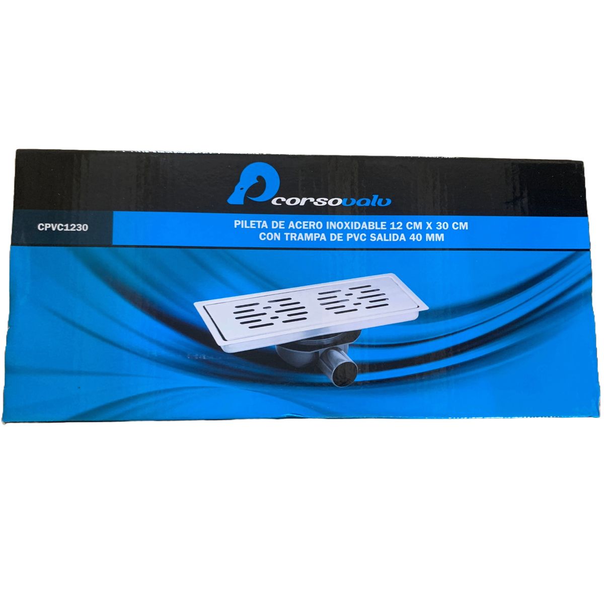 CORSOVALV - Pileta Acero Inoxidable Rectangular 12x30 cm Trampa Pvc 40 mm