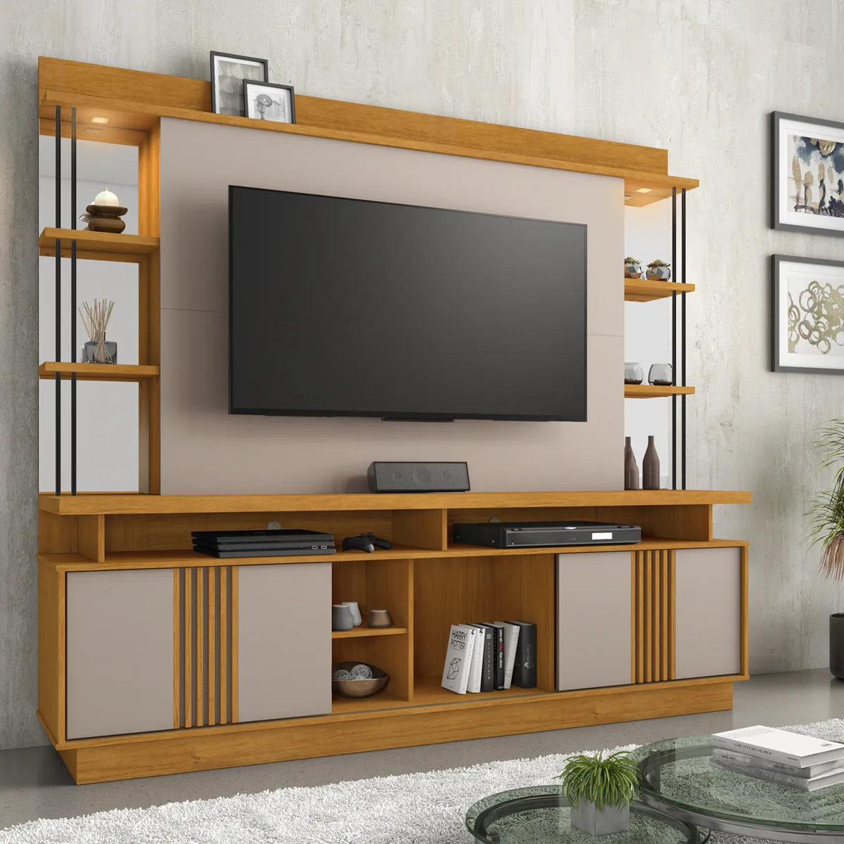 DI PORETTI - Mueble Rack TV 65 " Esplen Café claro 210x201x45 cm