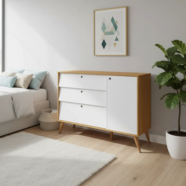 Cómoda 1 Puerta 3 Cajón(es) Gold 132.6x96.5x44 cm Miel Blanco