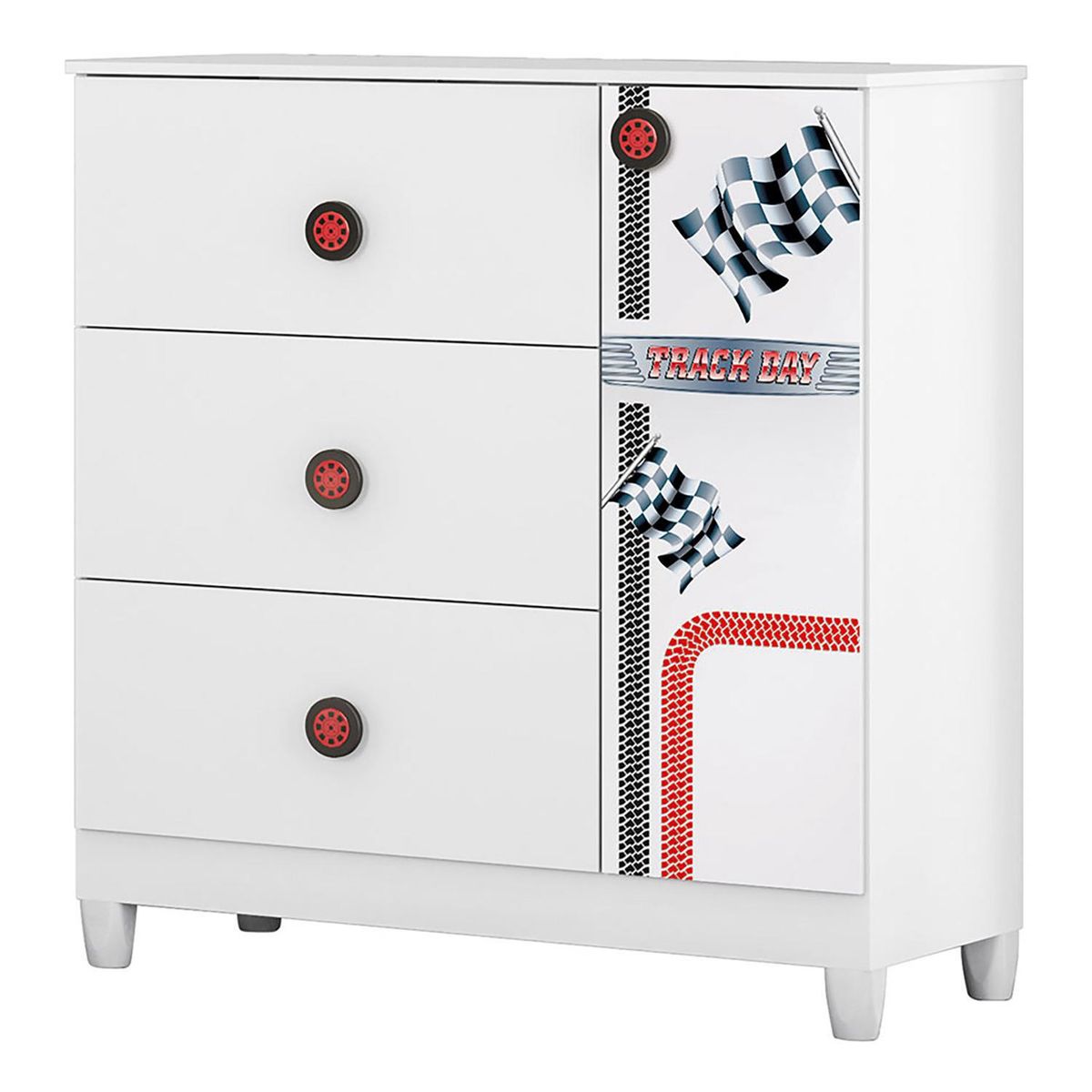 KIDSCOOL - Cómoda 1 Puerta 3 Cajón(es) Fast car 87x94x40 cm Blanco