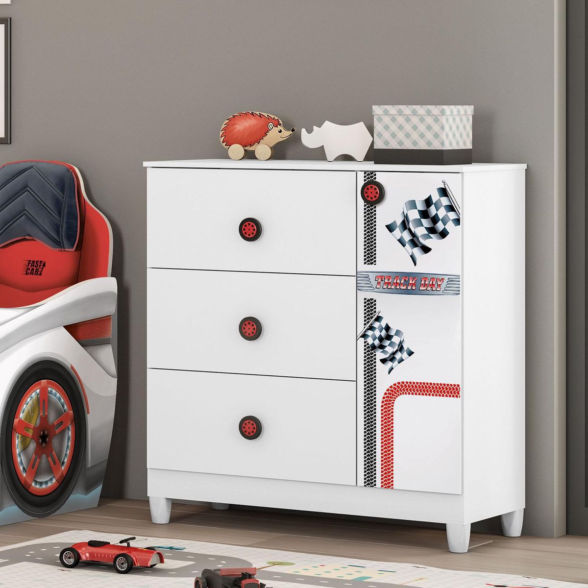 KIDSCOOL - Cómoda 1 Puerta 3 Cajón(es) Fast car 87x94x40 cm Blanco