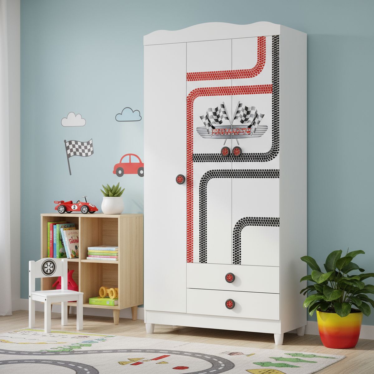 KIDSCOOL - Clóset Infantil Car 2 Puerta(s) 2 Cajón(es) 5 Repisa(s) 92x195x40 cm Blanco