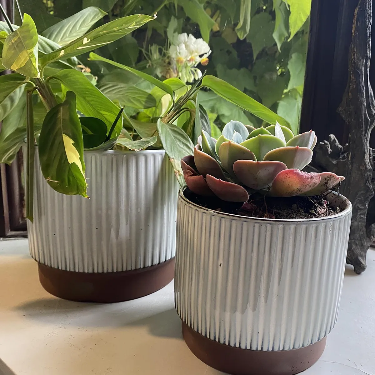 DECOGREEN - Set 2 Maceteros Enlozados Blancos 17x15 y 20x18