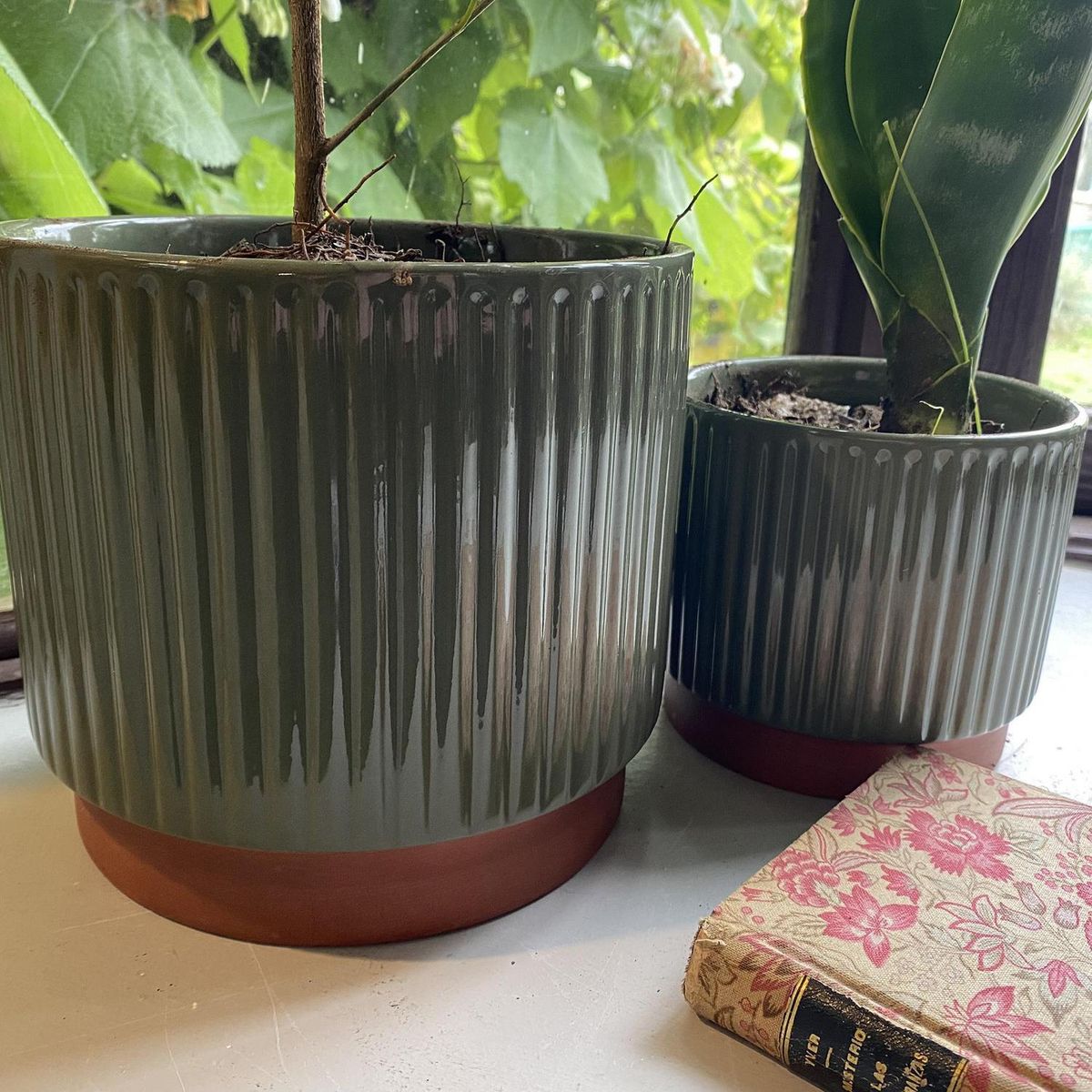 DECOGREEN - Set 2 Maceteros Enlozados Oliva 17x15 y 20x18