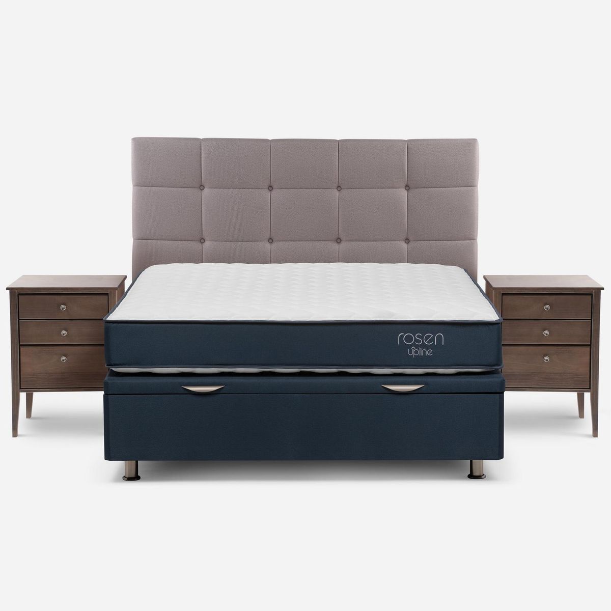 ROSEN - Cama 2 Plazas Boxet Upline + Respaldo + Velador
