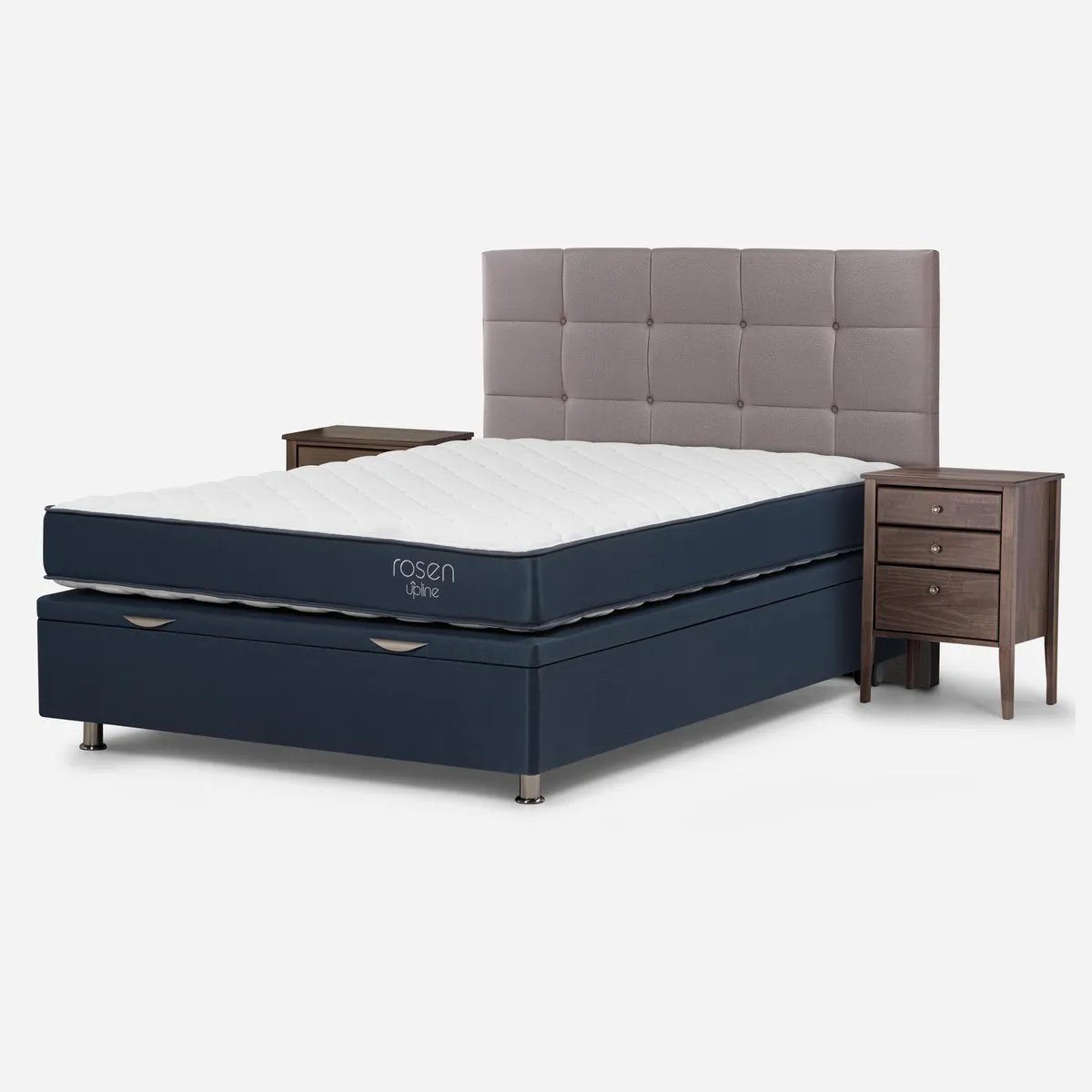 ROSEN - Cama 2 Plazas Boxet Upline + Respaldo + Velador