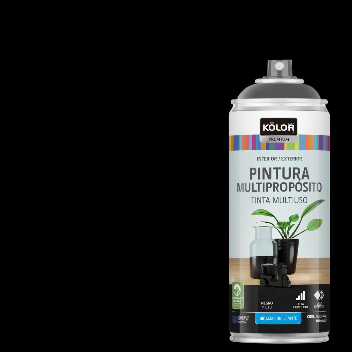 KOLOR - Pintura Esmalte Base Agua Spray 0.4 l Brillante negro