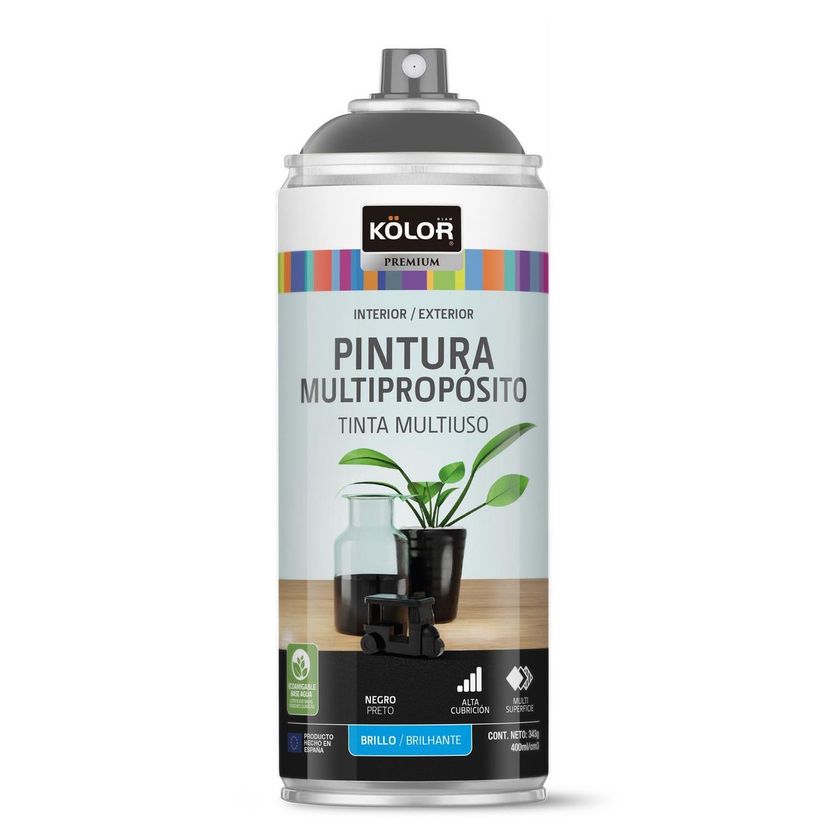 KOLOR - Pintura Esmalte Base Agua Spray 0.4 l Brillante negro