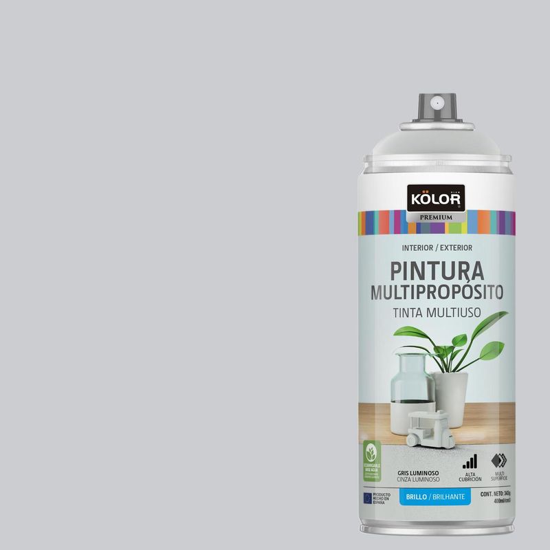 KOLOR - Pintura Esmalte Base Agua en Spray Gris Luminoso Brillante 400 ml