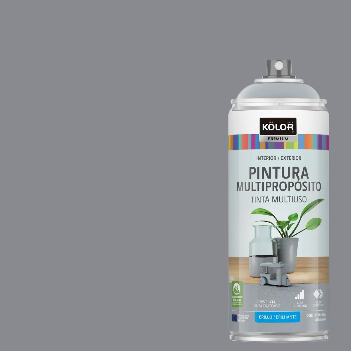 KOLOR - Pintura Esmalte Base Agua Spray 0.4 l Brillante gris