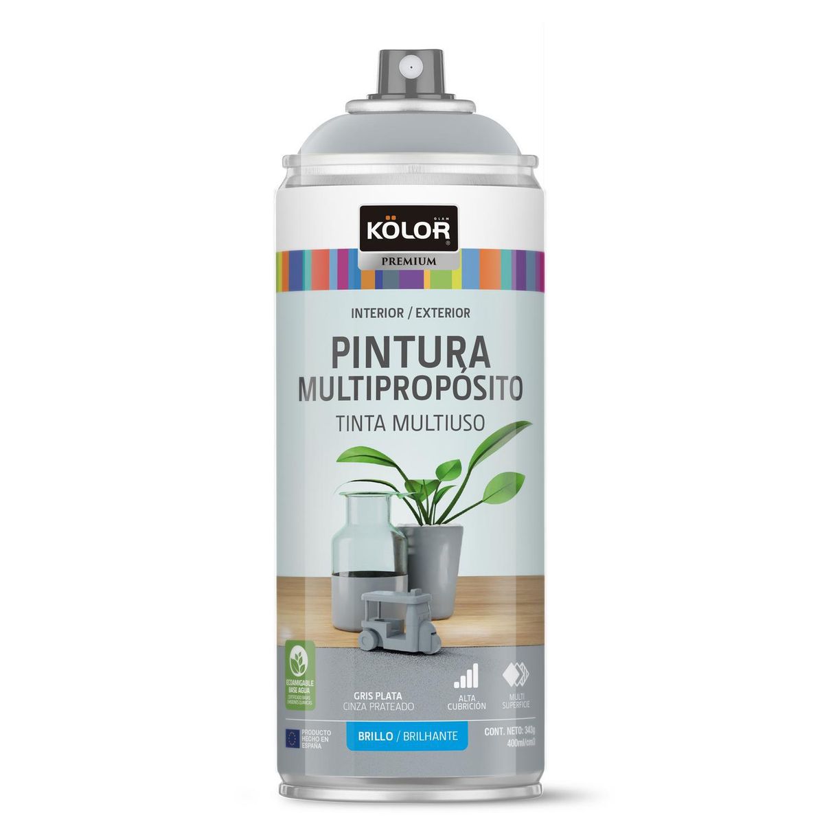 KOLOR - Pintura Esmalte Base Agua Spray 0.4 l Brillante gris