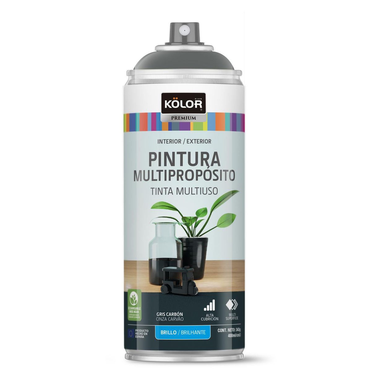 KOLOR - Pintura Esmalte Base Agua Spray 0.4 l Brillante gris