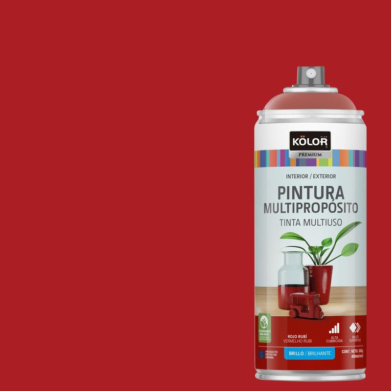 KOLOR - Pintura Esmalte Base Agua en Spray Rojo Rubi Brillante 400 ml