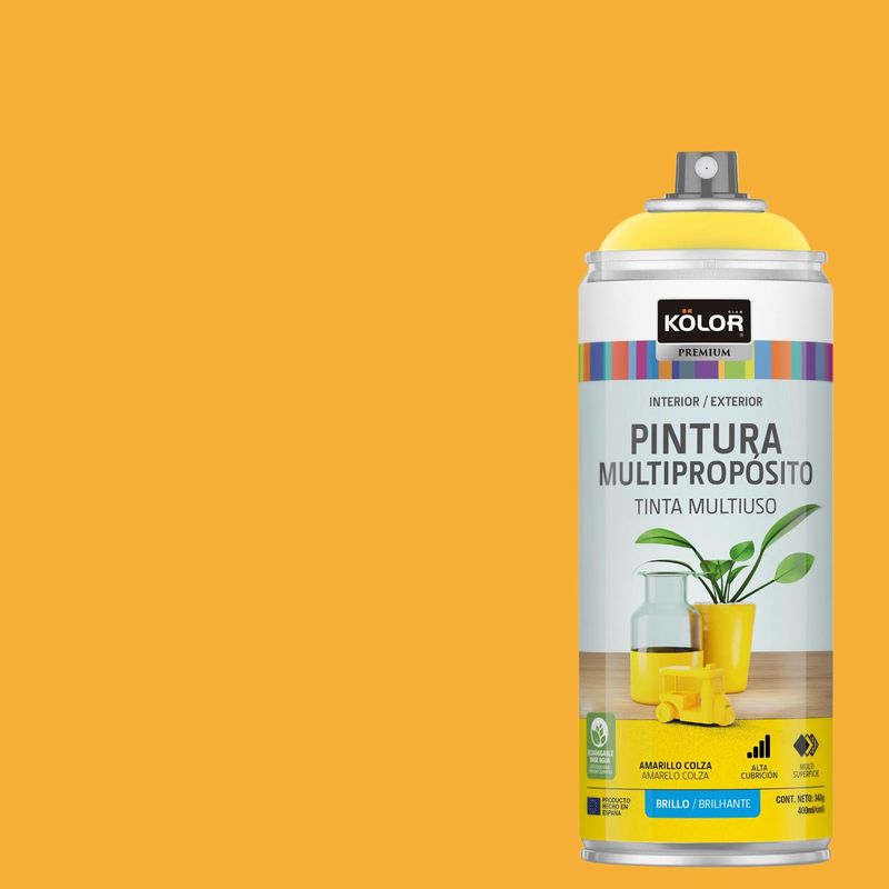 KOLOR - Pintura Esmalte Base Agua en Spray Amarillo Colza Brillante 400 ml