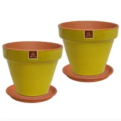 MESTIZA - Set 2 Maceteros y Platos Kony de Arcilla 15x12 Mostaza