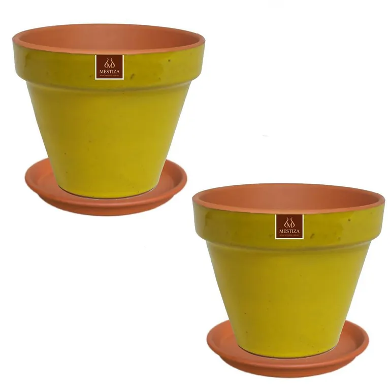 Set 2 Maceteros y Platos Kony de Arcilla 24x19 Mostaza
