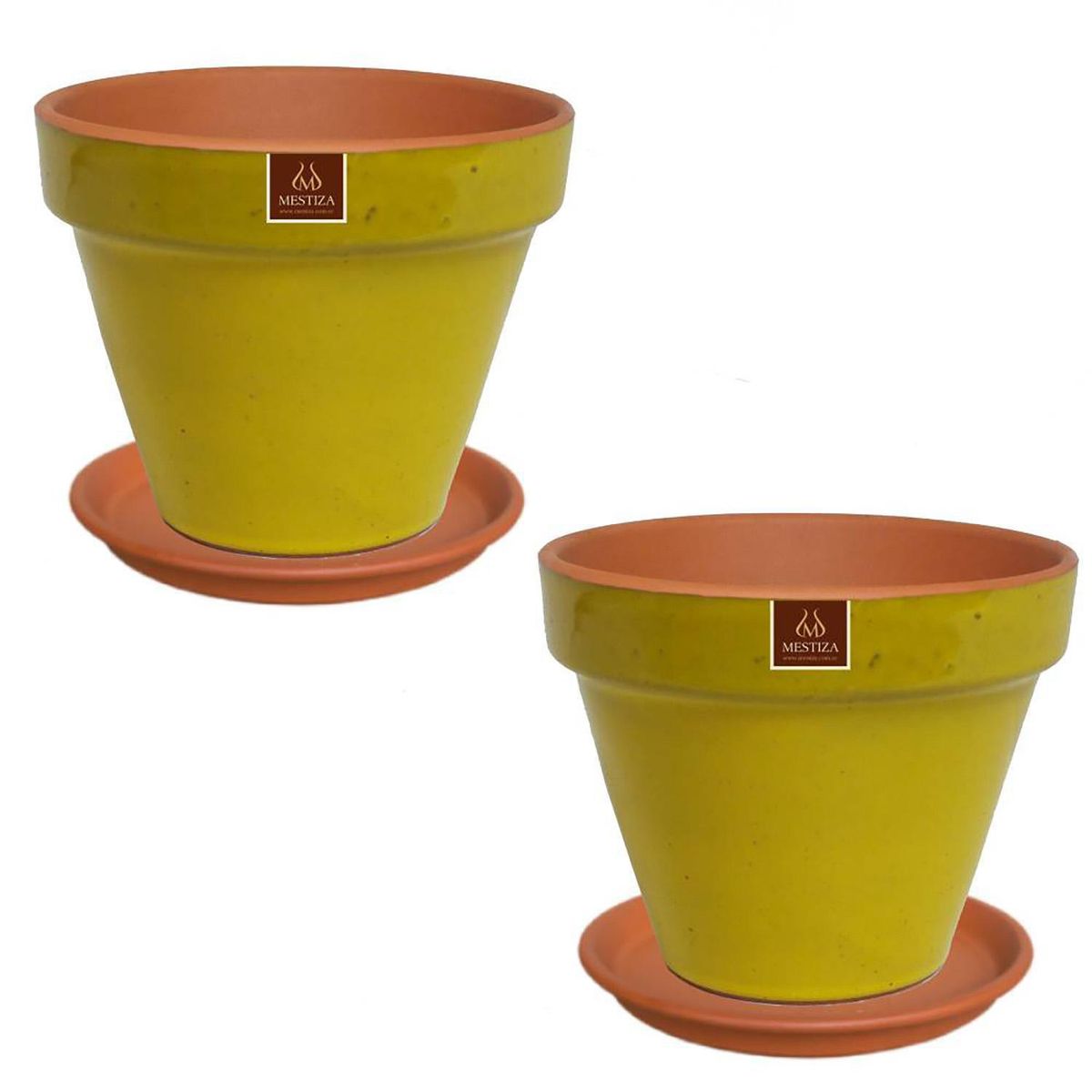 MESTIZA - Set 2 Maceteros y Platos Kony de Arcilla 24x19 Mostaza