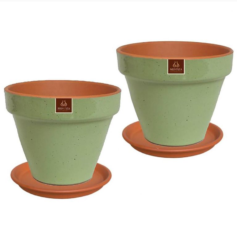 Set 2 Maceteros y Platos Kony de Arcilla 15x12 Verde Salvia