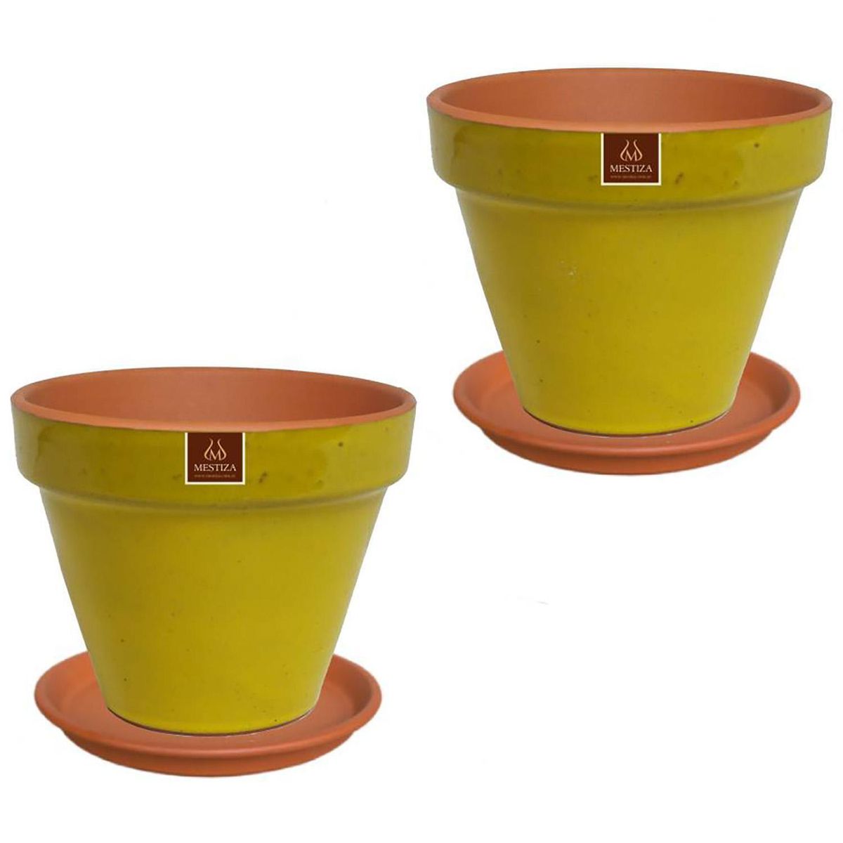 MESTIZA - Set 2 Maceteros y Platos Kony de Arcilla 19x15 Mostaza