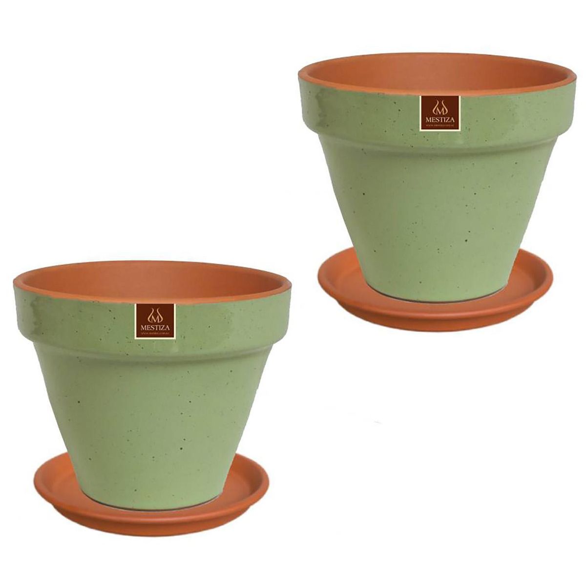 MESTIZA - Set 2 Maceteros y Platos Kony de Arcilla 19x15 Verde Salvia