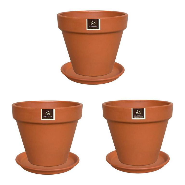 Set 3 Maceteros y Platos Kony de Arcilla 15x12 Terracota