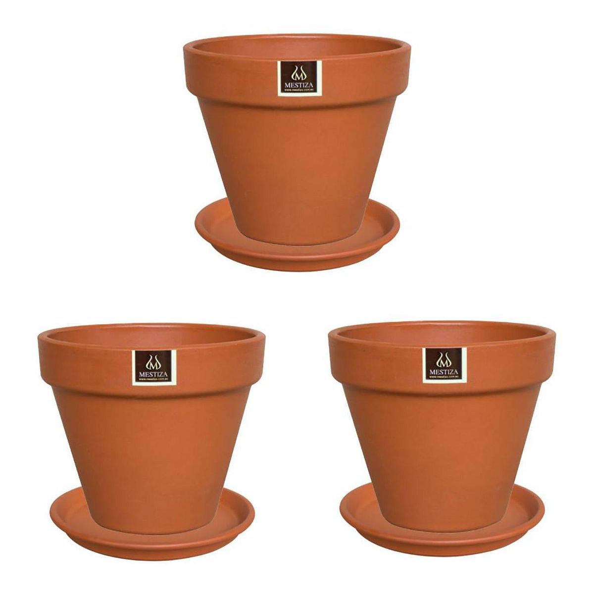 MESTIZA - Set 3 Maceteros y Platos Kony de Arcilla 15x12 Terracota