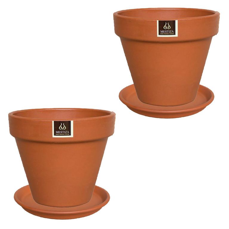 Set 2 Maceteros y Platos Kony de Arcilla 24x19 Terracota