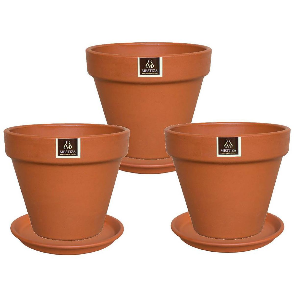 MESTIZA - Set 3 Maceteros y Platos Kony de Arcilla 15x19 Terracota