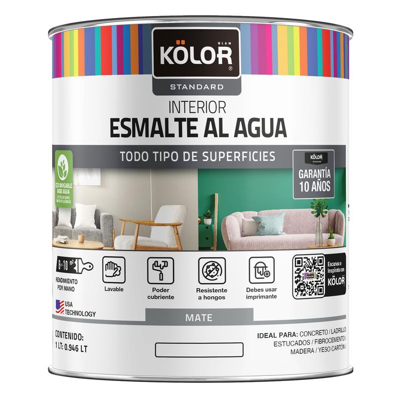 KOLOR - Esmalte al agua standard interior mate base pastel 1/4 galón