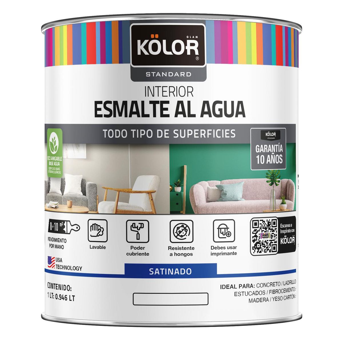 KOLOR - Esmalte Al Agua Kolor Premium Interior Satinado Base Pastel 1/4 Galón