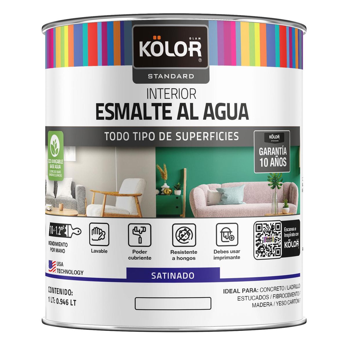 KOLOR - Esmalte al agua standard interior satinado base tint 1/4 galón