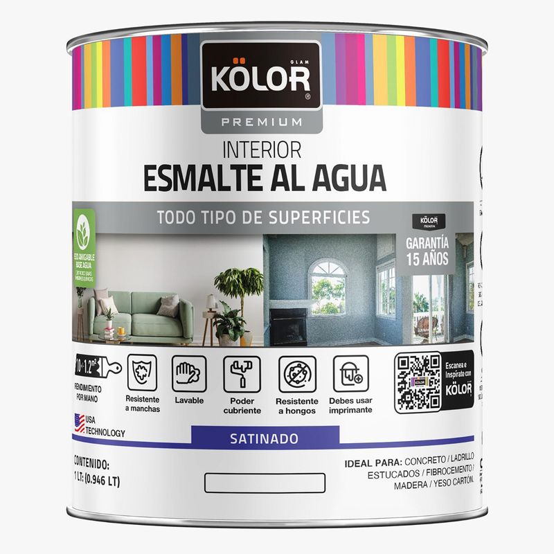 KOLOR - Esmalte al agua premium interior satin base deep 1 galón