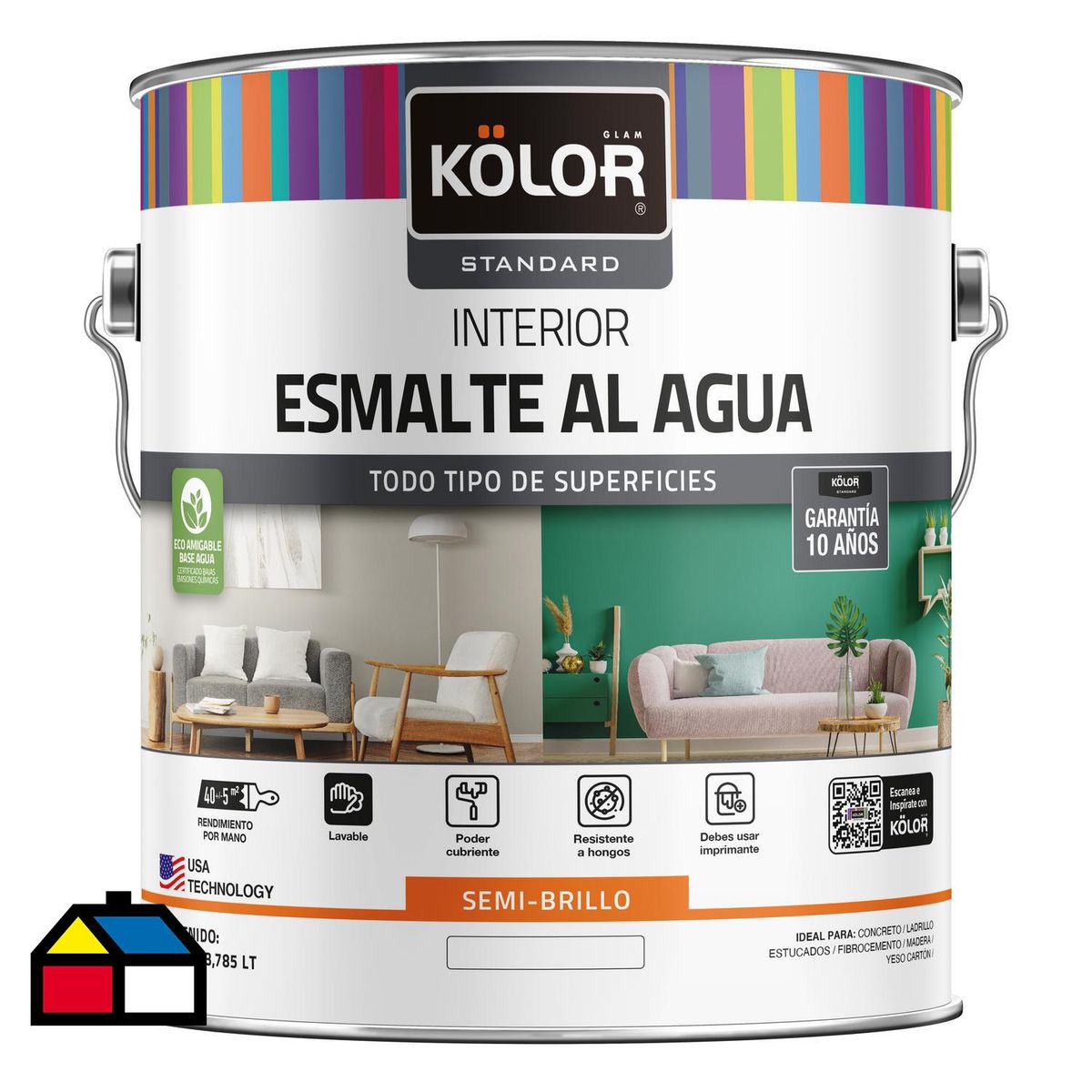 KOLOR - Esmalte al agua standard interior semibrillo base pastel 1 galón