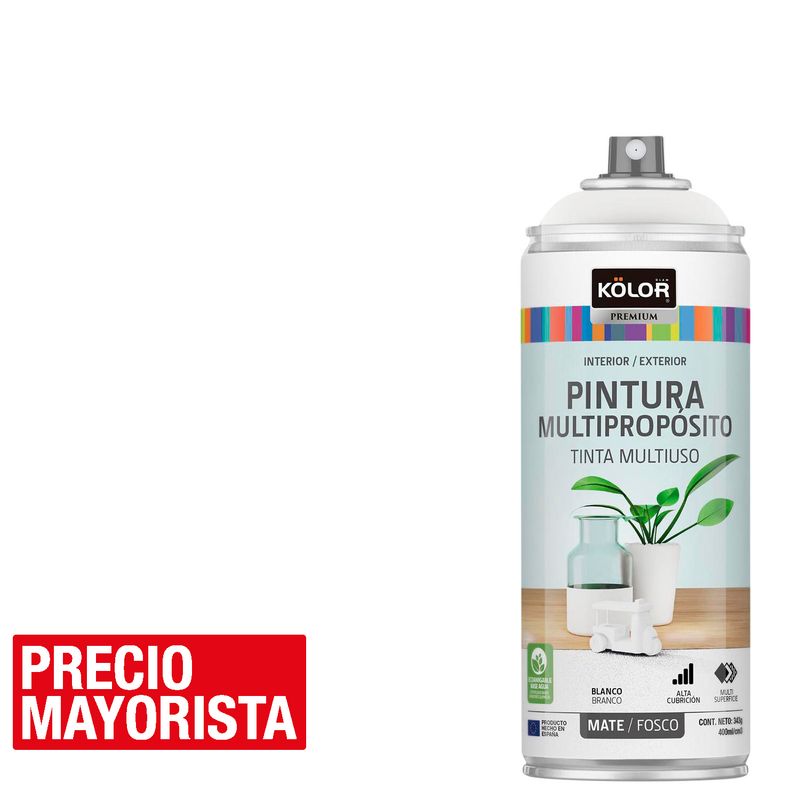 KOLOR - Pintura Esmalte Base Agua en Spray Blanco Mate 400 ml
