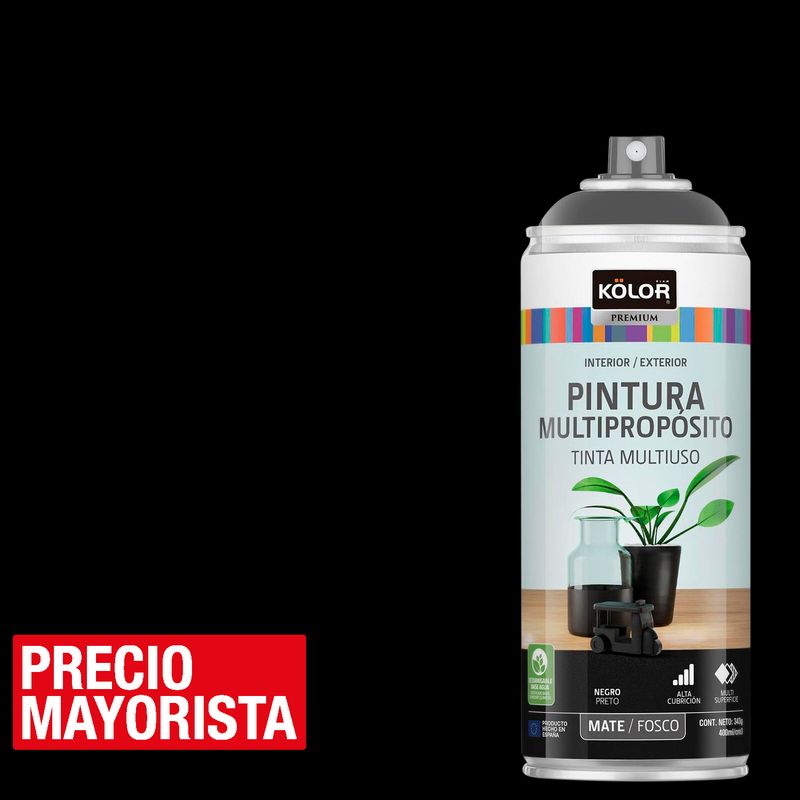 KOLOR - Pintura Esmalte Base Agua en Spray Negro Mate 400 ml
